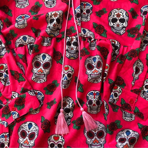 Candy Skull Bright Hot Pink Prairie Cottage Style Maxi Dress size L - Picture 3 of 12